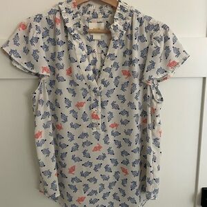 Maeve White and Gray Ruffled Cap Sleeve Blouse